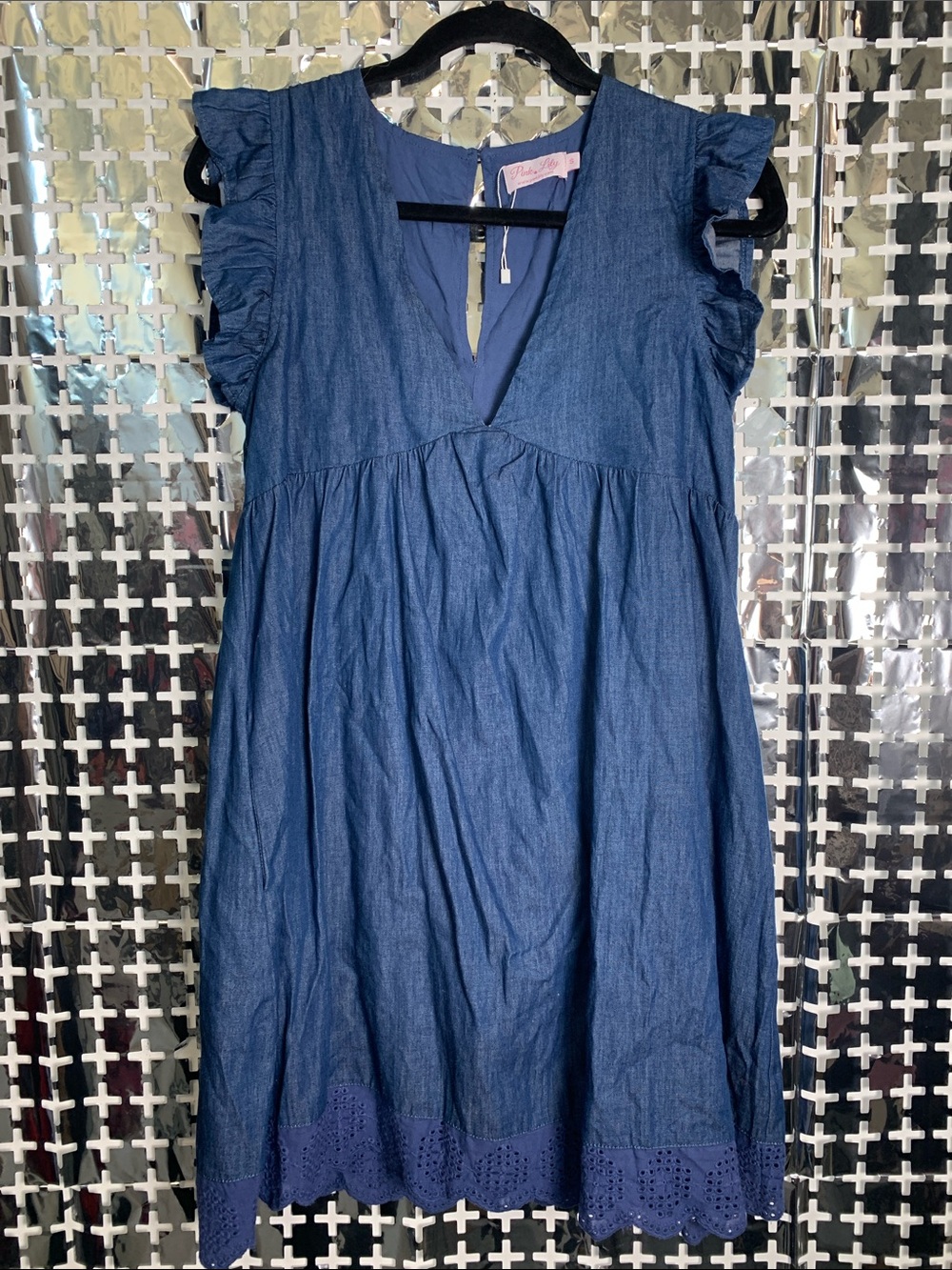 Pink Lily Blue Denim-Effect Ruffle Sleeve Mini Dress